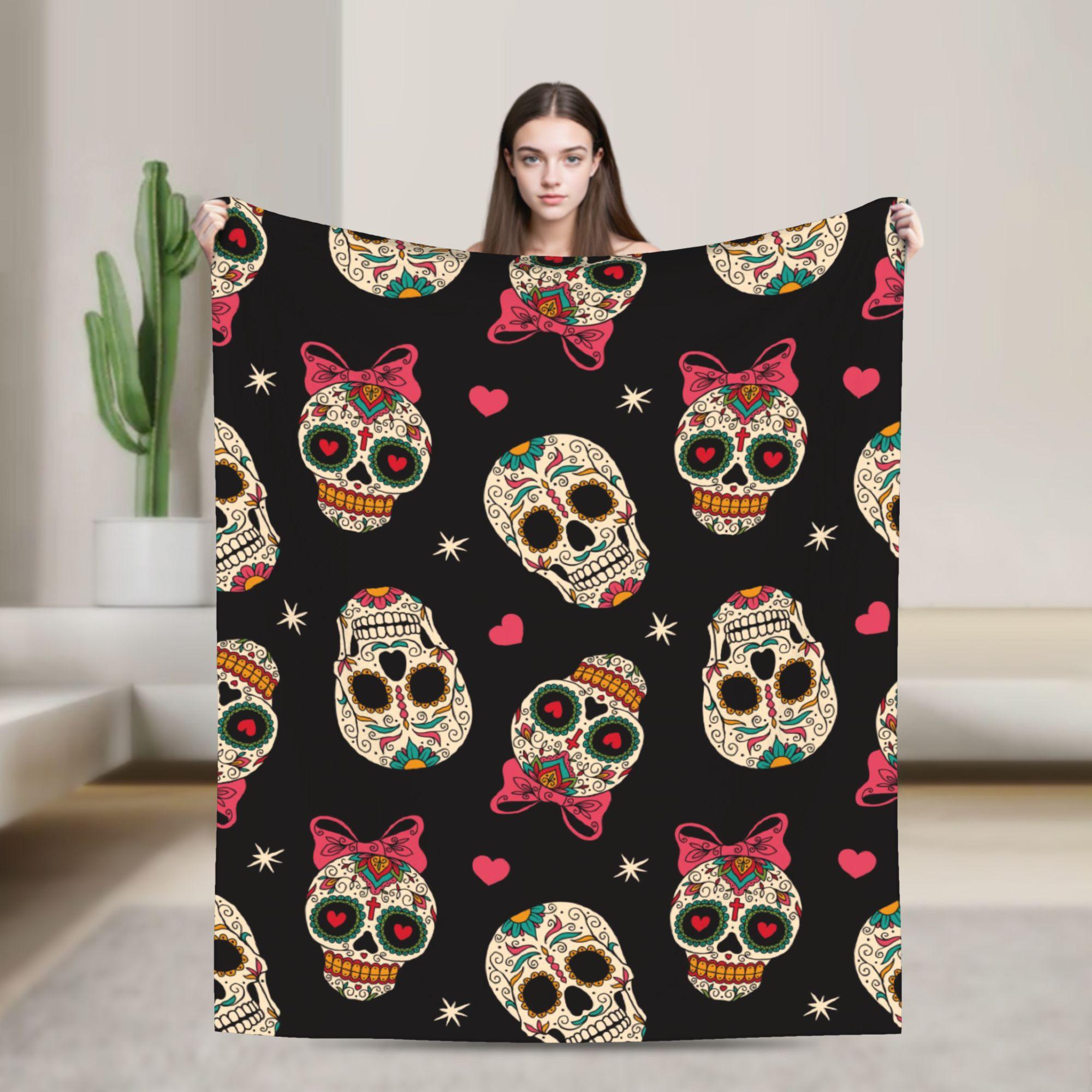 Floral Skull Blanket Pink Cherry Flannel Funny Warm Throw Blanket for Bed Sofa Spring Autumn 100x150cm