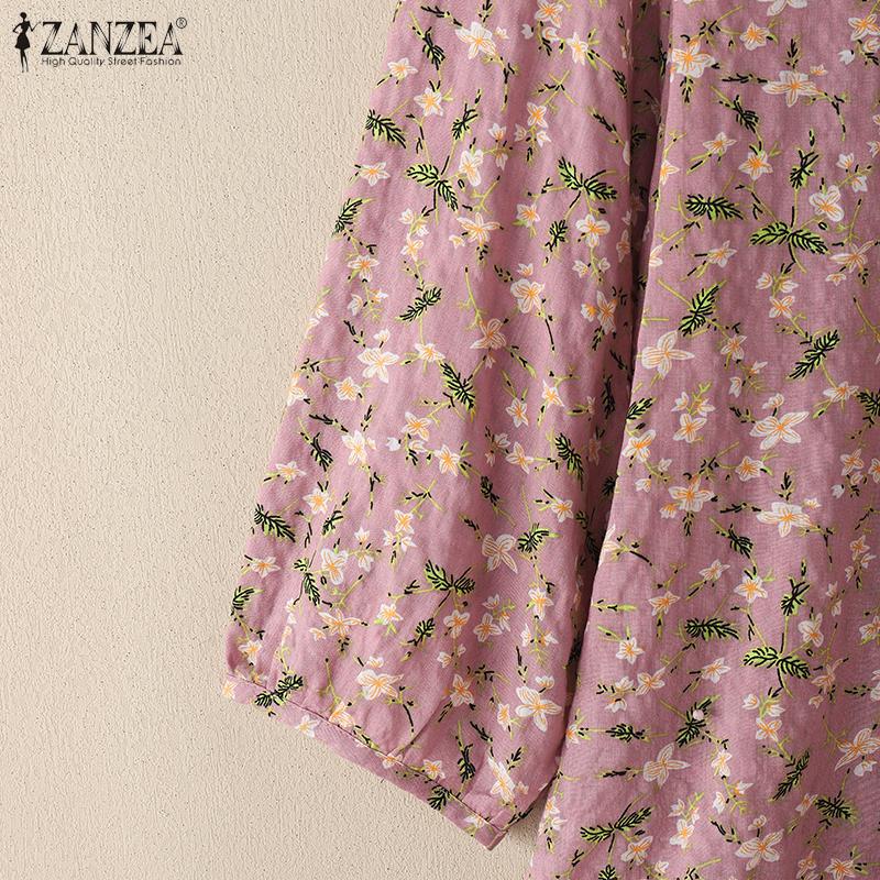 ZANZEA Women Casual Round Neck 3/4 Sleeve Loose Floral Blouse