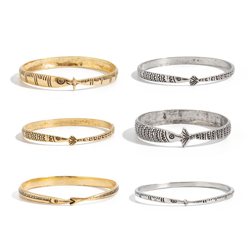 Salircon 6 Pcs/set Vintage Metal Stacked Bangle Women Ethnic Style Fish Pattern Symbol Bracelet Party Accessories Jewelry Gifts