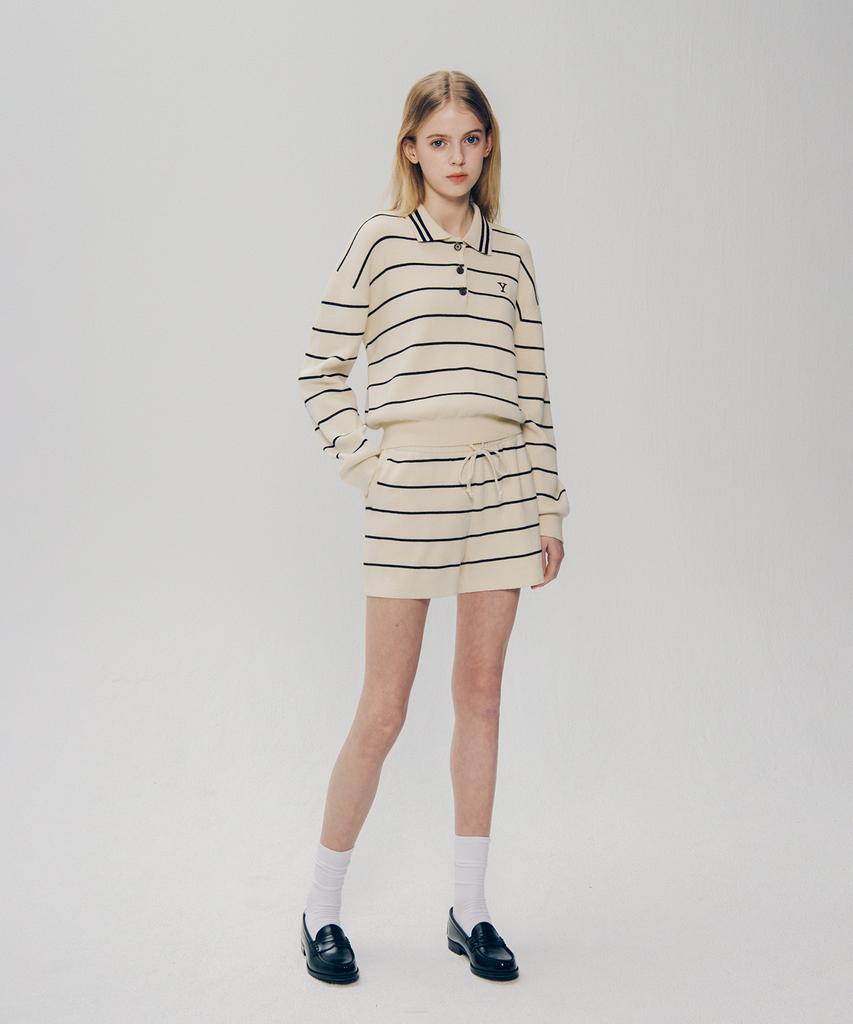 YALE Women'S Y Logo Striped Polo Knit_Ivory