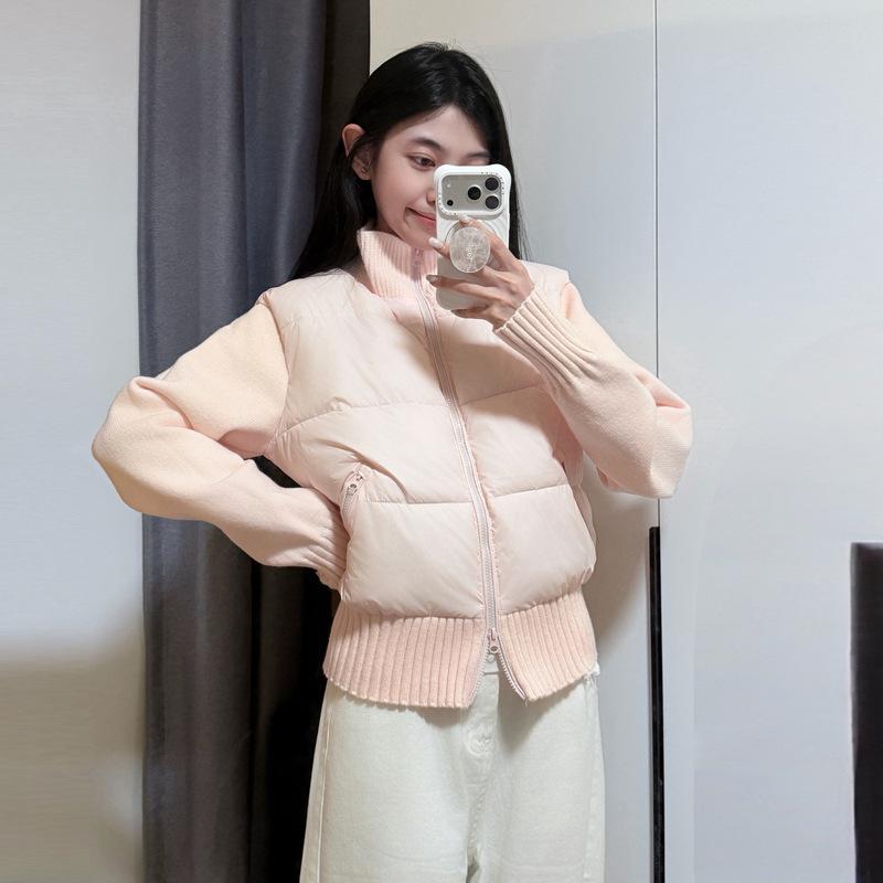 Women's Multi Color Knit Patchwork Puffer Jacket Casual Stand Collar Cotton Padded Coat