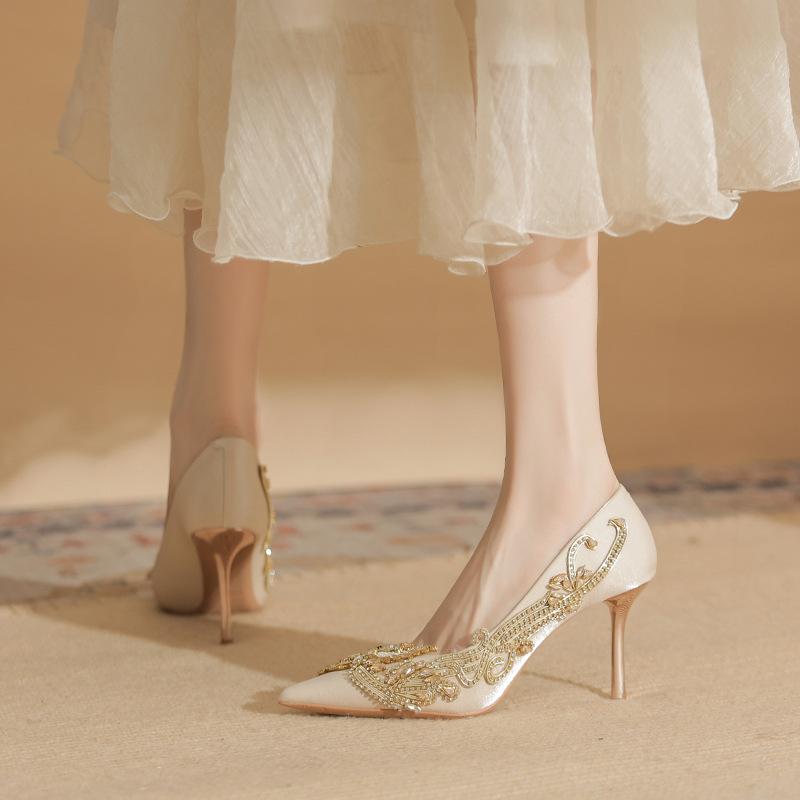 High Heels Women's Summer New Pointed Rhinestone Phoenix Wedding Shoes French Thin Heel Shallow Mouth Single Shoes
