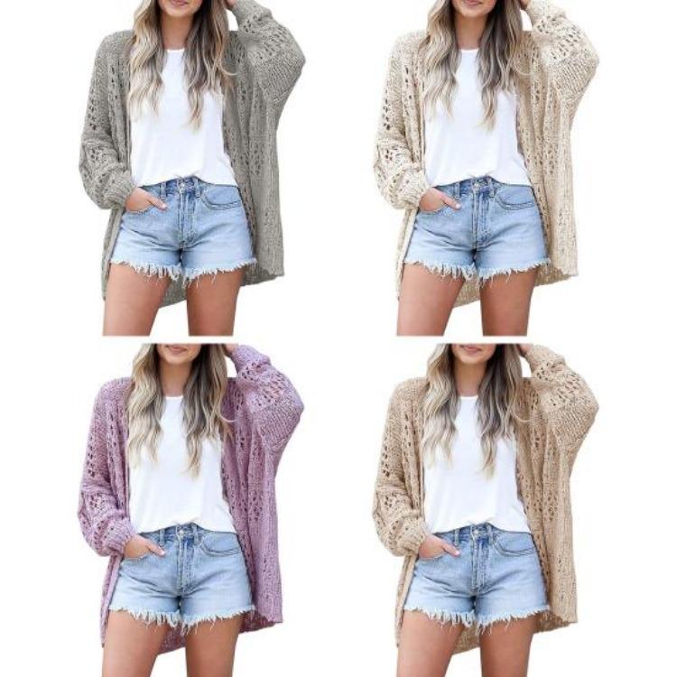 Spring Autumn Women Knitwear Hollow Out Loose Knitted Coat Pure Color Cardigan Long Sleeve Elastic Jacket Mid Length