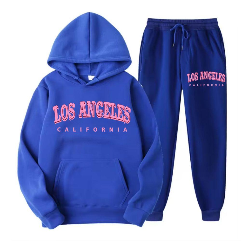Two Piece Set Street Womens Hoodie & Pants Fleece Pocket Loose Pullover Los Angeles California Print Clothes