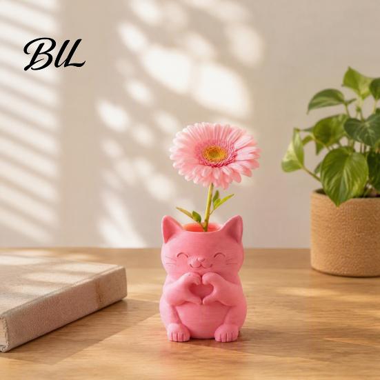 Creative Housewarming Presents 3D Printed Cat Vase, Cute Smiling with Heart?Hand Gesture Flower Holder, Desktop Decor Animal Shaped Decor,