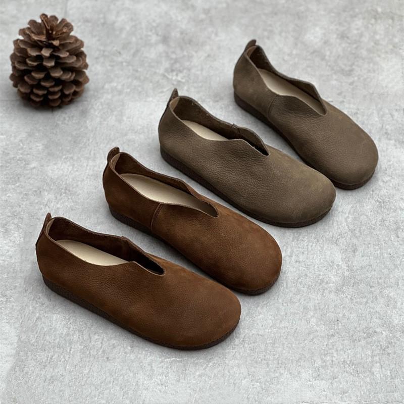 Johnature Genuine Leather Solid Color Women Flats Shoes Concise Retro Handmade Round Toe Shallow Slip-on Shoes