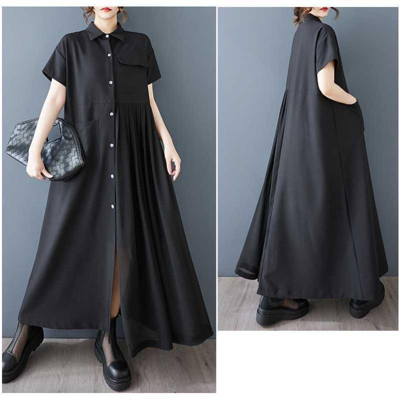 Women's Spliced Long Dress, Loose Pleated Dress