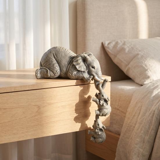 Hanging Elephant Statue for Bookshelf Shelf Sitter, Mother 2 Baby Elephants On The Decorative Statues Table Edge Edge, Hand-Painted Resin Collectable