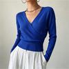 Women's Color Long Sleeve Cross Front Waist Tie Knit Top