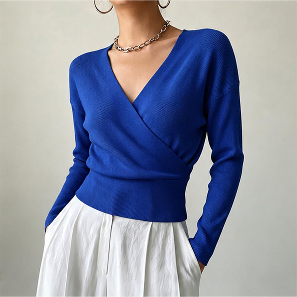 Women's Color Long Sleeve Cross Front Waist Tie Knit Top