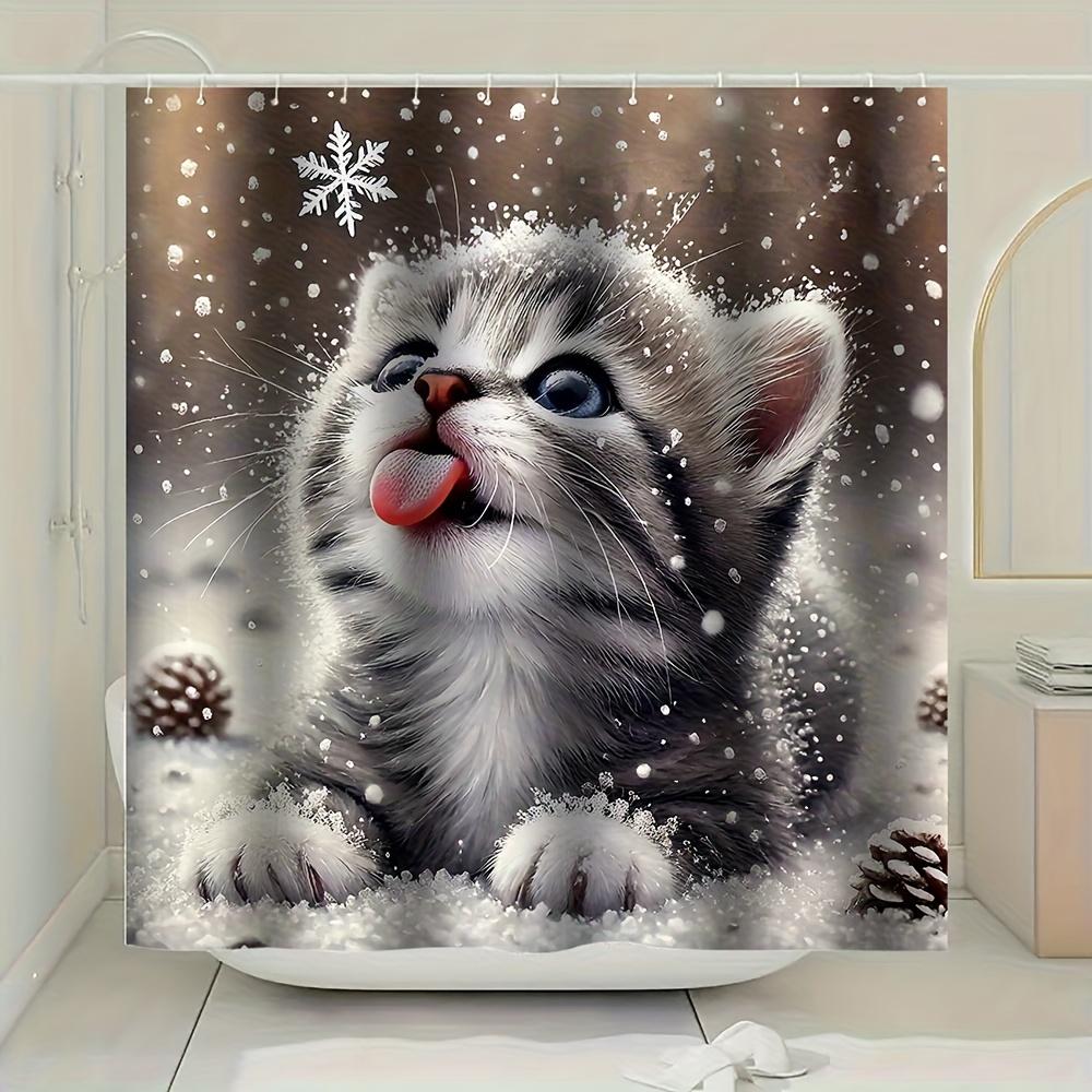 4 szt. Zestaw zasłony prysznicowej do łazienki Zimowy wzór kota w śniegu Zasłona łazienkowa z 12 haczykami Dywaniki antypoślizgowe Mata na pokrywę toalety Przegroda łazienkowa