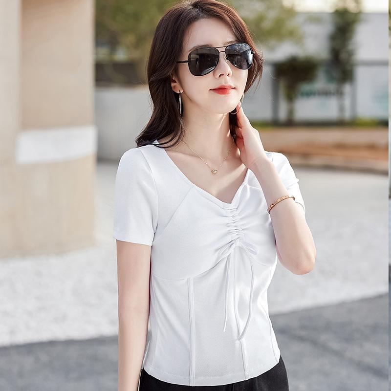 Pure Lust Style V-neck Drawstring Design Korean Style Short High-waisted Women's Short-sleeved T-shirt Fashionable and Versatile Women's Top