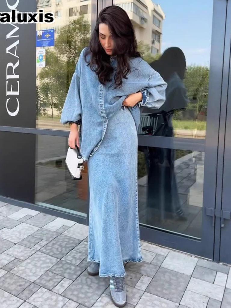 Damen Herbst Herbst Neuer Taillengürtel Strickjacke Halber Rock Denim Mode Lässiges Set