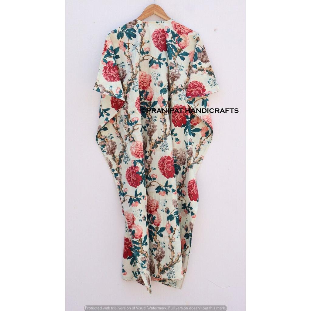 Women Summer Cotton Hippie Floral Print White Long Maxi Sleepwear Caftan Dress CKFTN-SCRN-FULL-BUYIT-082