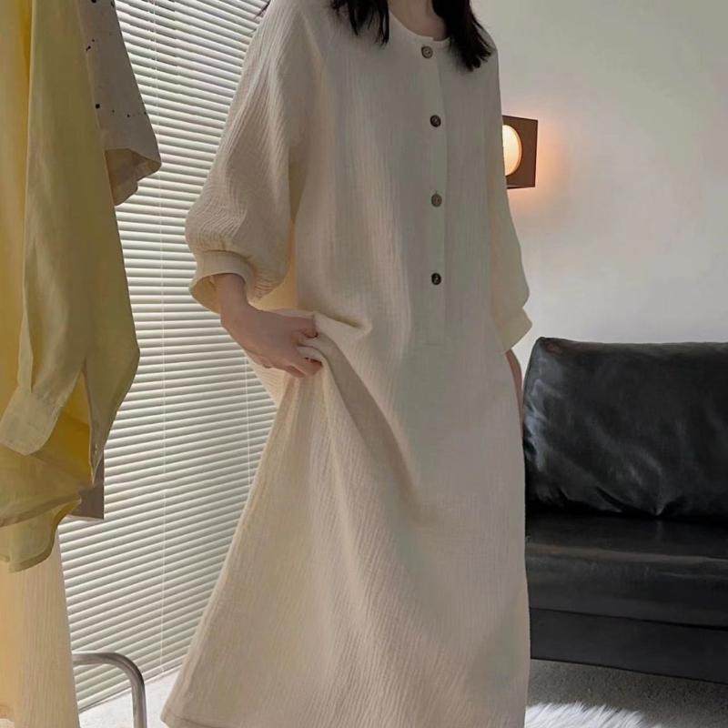 French High-End Cotton Long Sleeve Pajamas Women's Spring Autumn Plus Size Nightgown Loungewear Dress