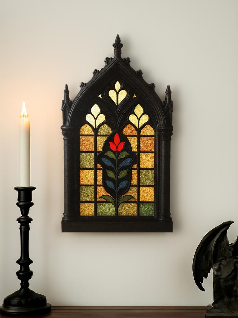 Halloweenská dekorace na zeď Vintage styl kostelního okna s květinovou výzdobou Dřevěná závěsná dekorace na zeď Gotický umělecký ornament pro domov, obývací pokoj