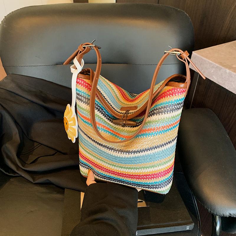 Wucifang Bags Women's Brown New Colorful Striped Woven Bag Crossbody Bucket Bag Seaside Vacation Beach Straw Bag