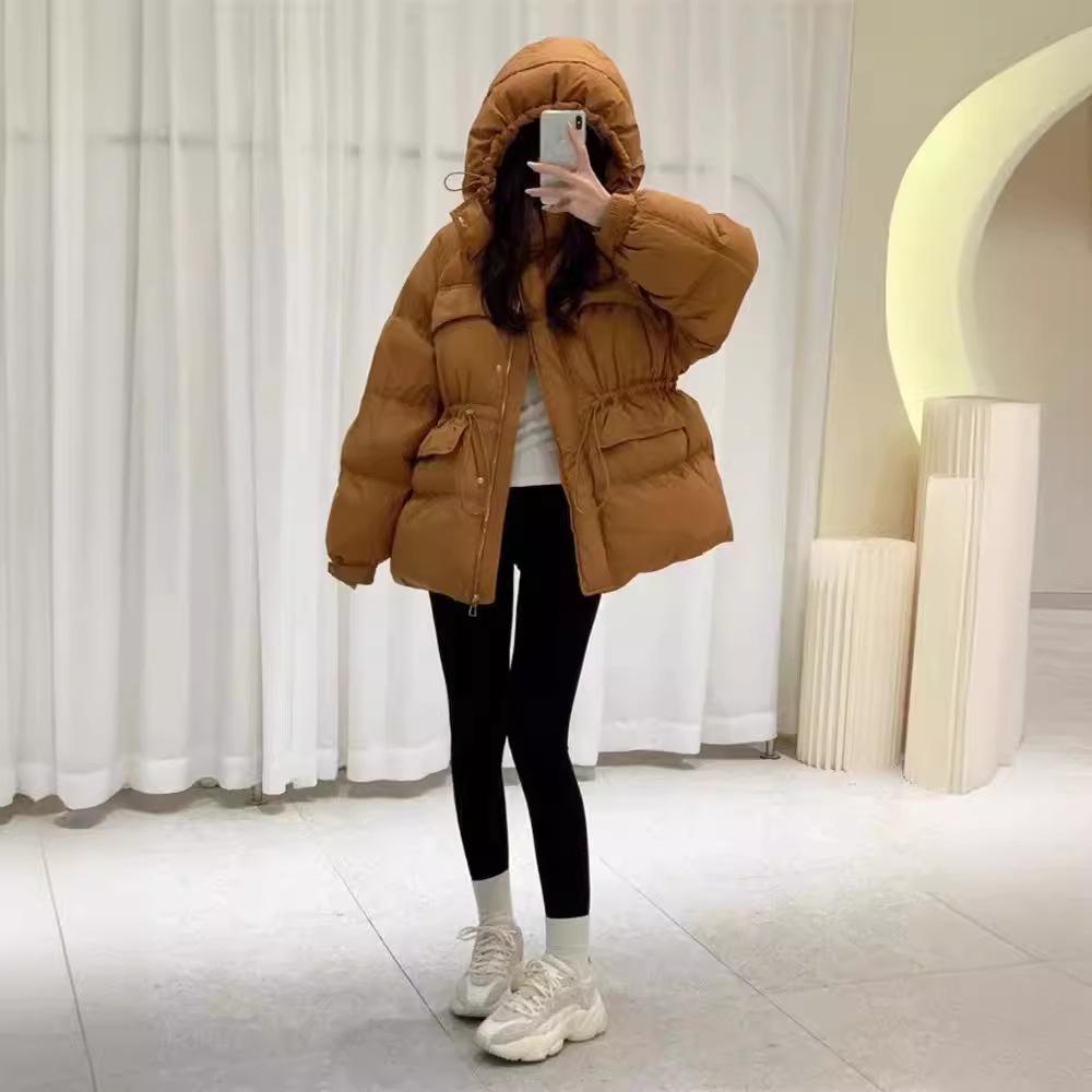 Women's Autumn Winter Down Jacket Short Hooded Single Breasted Loose Adjustable Waist Straight Tube White Duck Down Coat