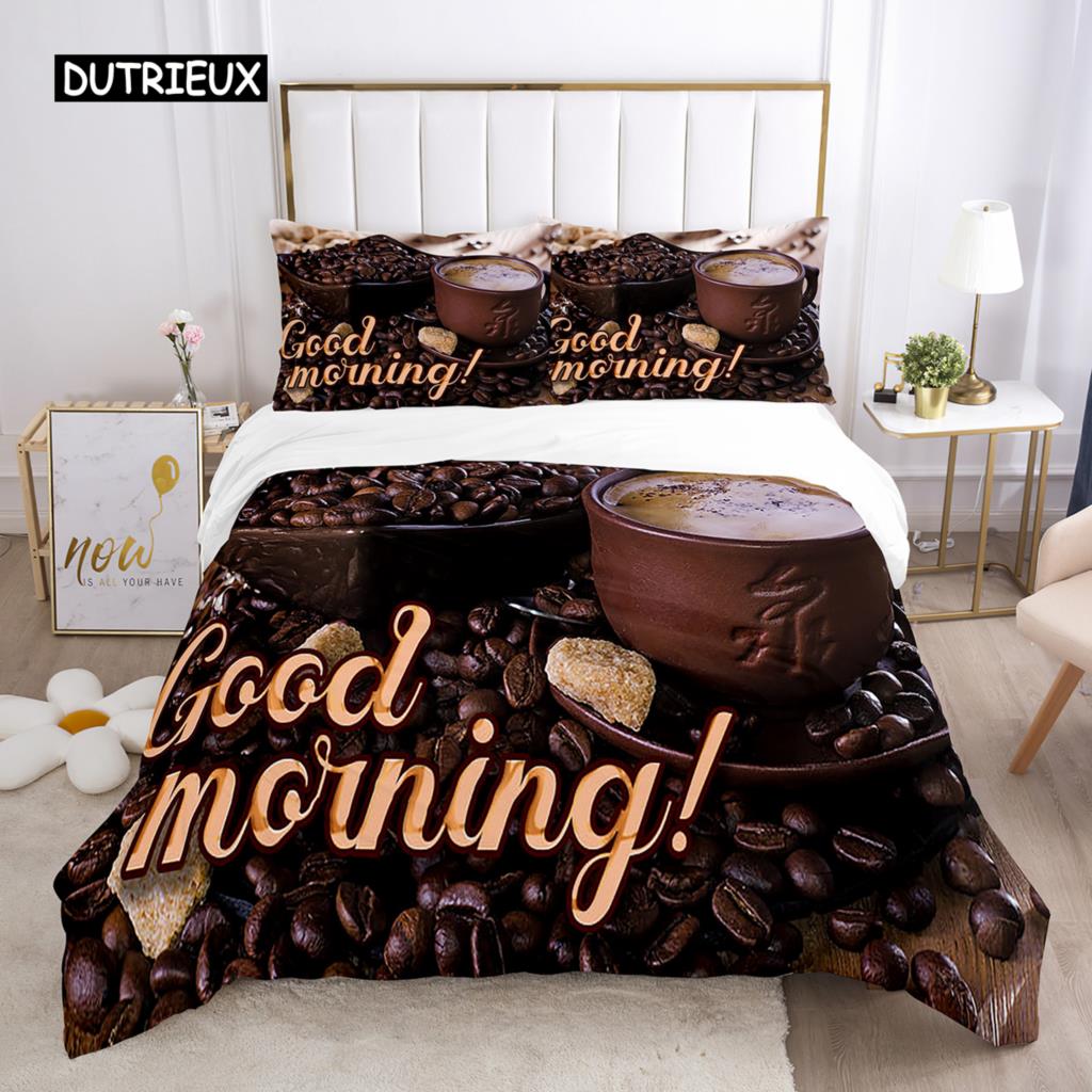 Good Morning Duvet Cover Set Microfiber Coffee Rose Cozy Breakfast Twin Bedding Set Double Queen King Size 2/3pcs Quilt Cover