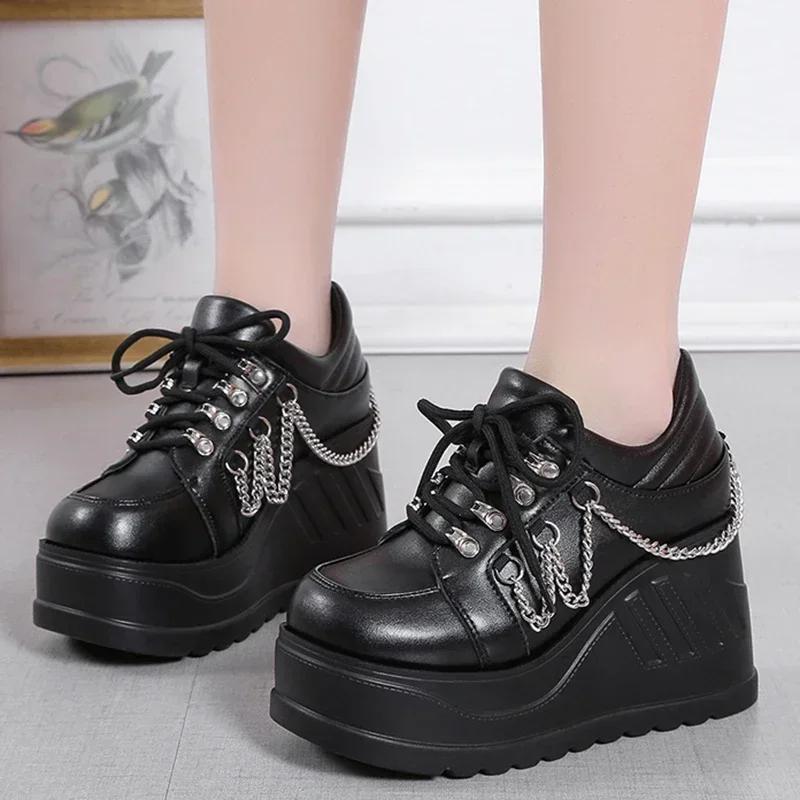 Fashion Metal Chain Punk Gothic Shoes Woman Thick Bottom High Wedge Sneakers for Women Black Chunky Platform Shoe Zapatillas De Mujer