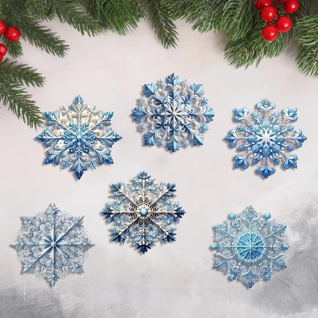 Blue Snowflake Wooden Ornaments Double-sided- Nordic Christmas Tree Decor & Cabinet Hanging for Holiday Home Party