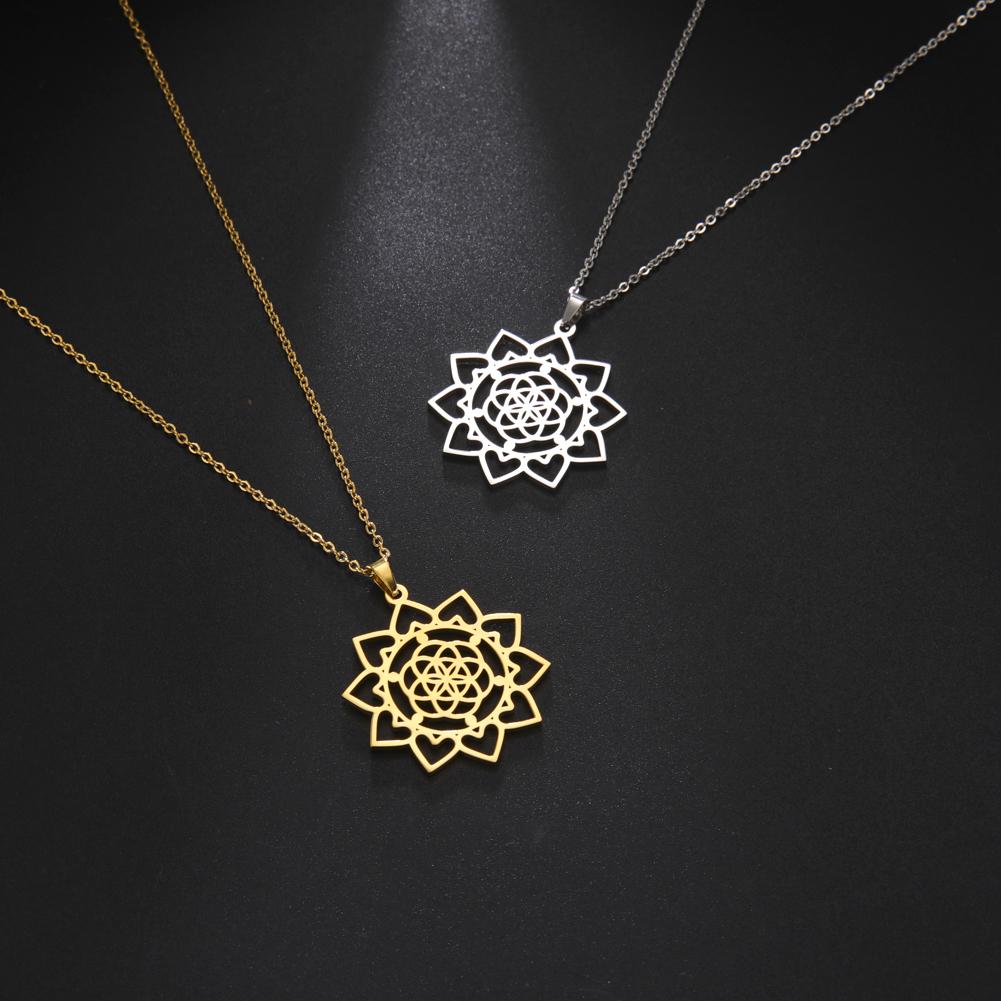 Flower Necklace for Women Stainless Steel Chain Necklace Vintage Sacred Geometry Amulet Jewelry Party Gift