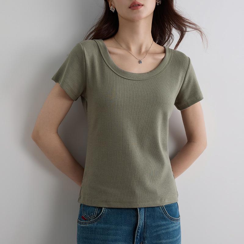 Damen Sommer 2025 Schlank geschnittenes geripptes U-Ausschnitt T-Shirt - Vielseitig Große Größen, Hohe Elastizität, Kurzarm Basis-Top