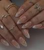 Nakhi Luxe Or Floral Press On Nails | 24 Pcs Faux Ongles Stiletto Longs avec Colle | Ongles Artificiels Rose Nude & Métalliques pour Femmes | Réutilisables