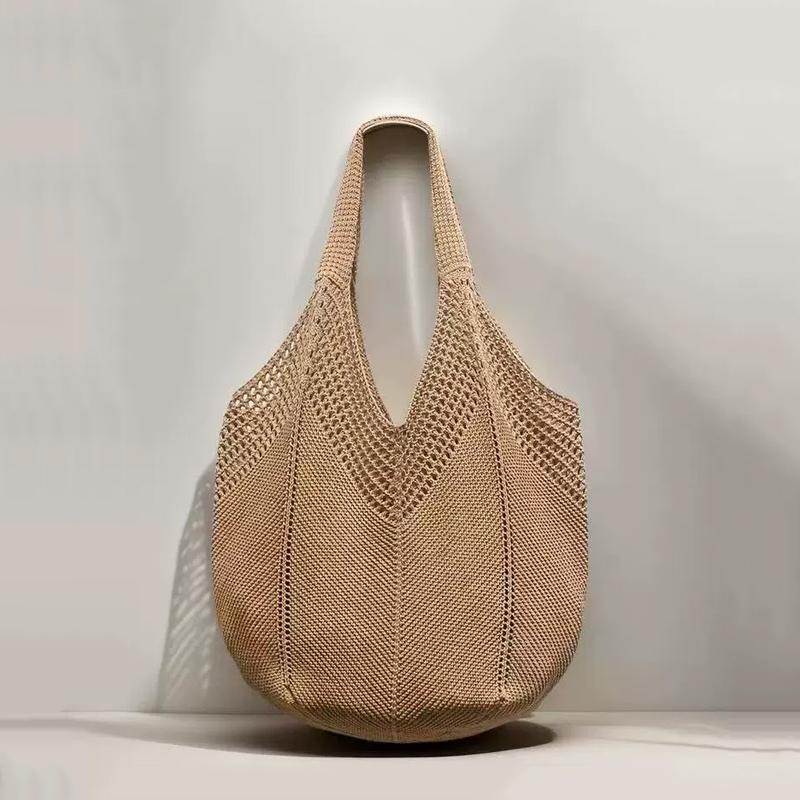 Yogodlns Casual Hollow Women Shoulder Bag Solid Color Large Capacity Summer Woven Beach Bag Foldable Handmade Crochet Tote Bag