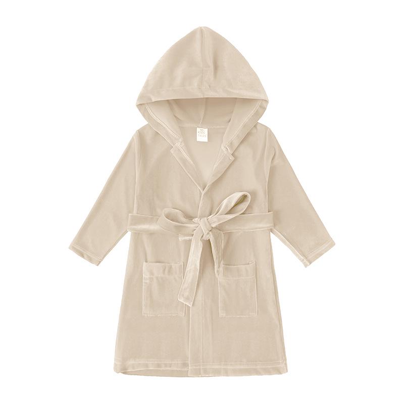 Unisex Kids Hooded Velvet Bathrobe - Solid Color, Long Sleeve, Spring & Autumn Style 90 cm