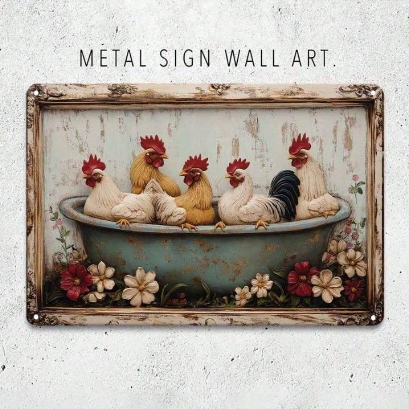 FLEUR Dekorativní cedule ve stylu farmy 8x12 palců Rustikální kovové nástěnné umění, Hliněná kuřecí dekorace do kuchyně koupelny domova kurníku, Vintage