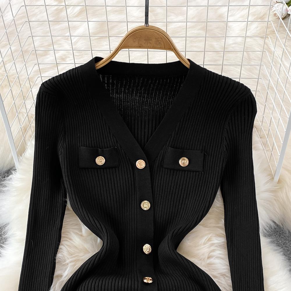 Spring Autumn V-neck Solid Knitted Sweater Dresses Women Single Breasted Full Sleeve Slim Bodycon Dress