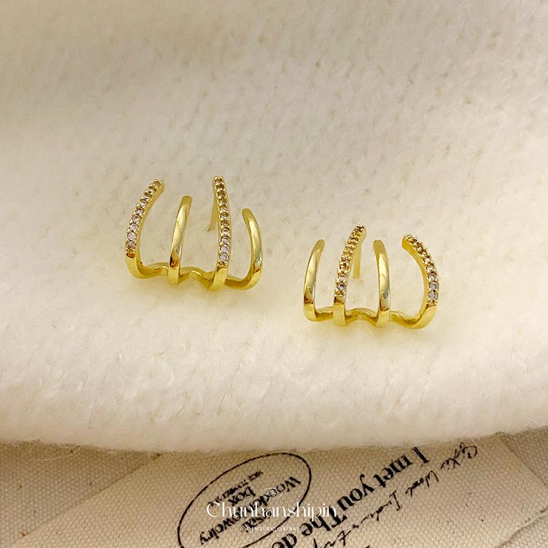 Four-claw ear row, no ear piercings, earrings, ear clips, women's no-hole mosquito coil disc copper-plated zircon stud earrings,high-end sense