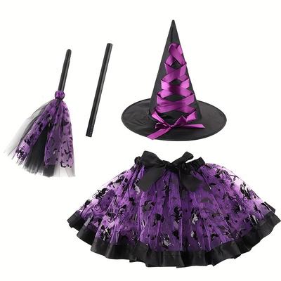 Zestaw Sukienki Dyniowej na Halloween Zestaw Wiedźmy Miotła Wiedźmy Kapelusz Wiedźmy Europejski i Amerykański Zestaw Spódniczki z Siateczki z Nadrukiem