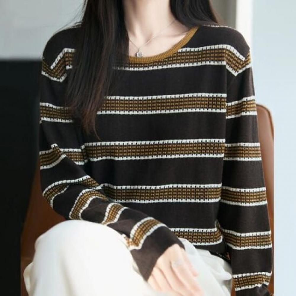 Navava Nk3218 Striped Point Round Neck Long Sleeve Knit Tee
