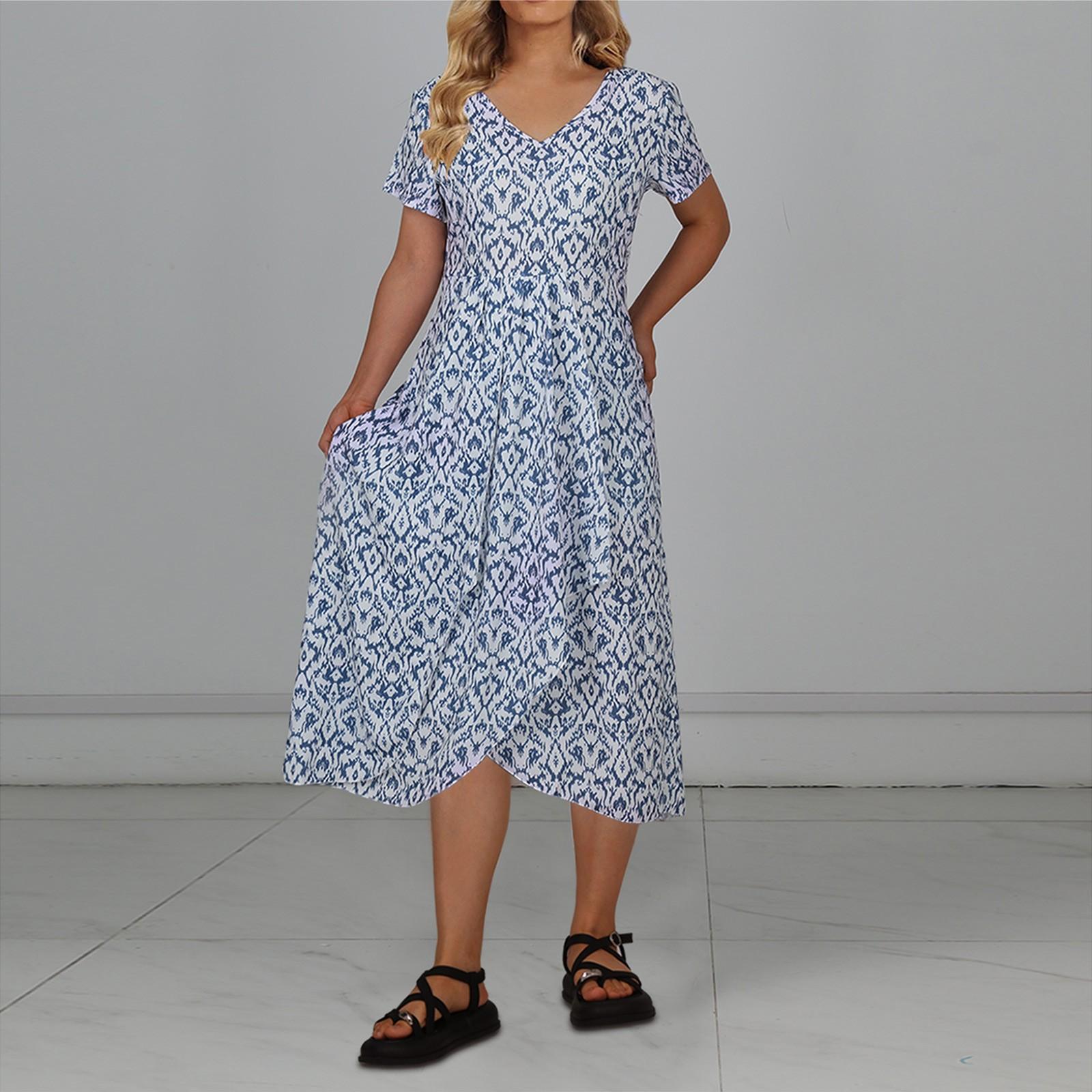 

Женское повседневное большое длинное платье с v-образным вырезом и молнией с короткими рукавами и вставками с принтом XXL