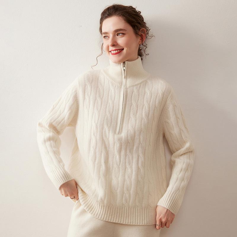 2025 Women's High-Neck Cable Knit Cashmere Sweater - Loose, Versatile Half-Zip Jumper for Autumn/Winter
