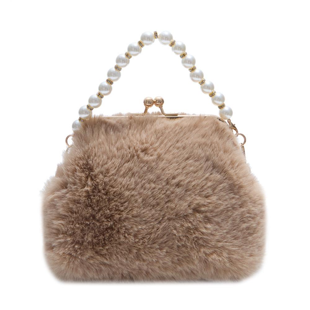 Trendy Pearl Evening Bag Kiss Lock Fluffy Faux Fur Handbag Cheongsam Accessories Single Shoulder Shell Crossbody Bag Wedding