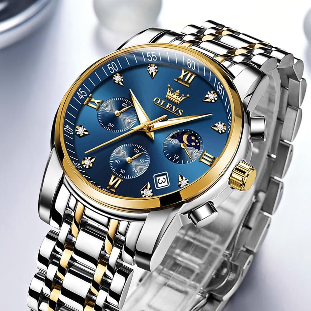 OLEVS Men's Luxury Large Face Quartz Stainless Steel Waterproof Watch Silver Gold Blue Dial Round Business Wristwatch