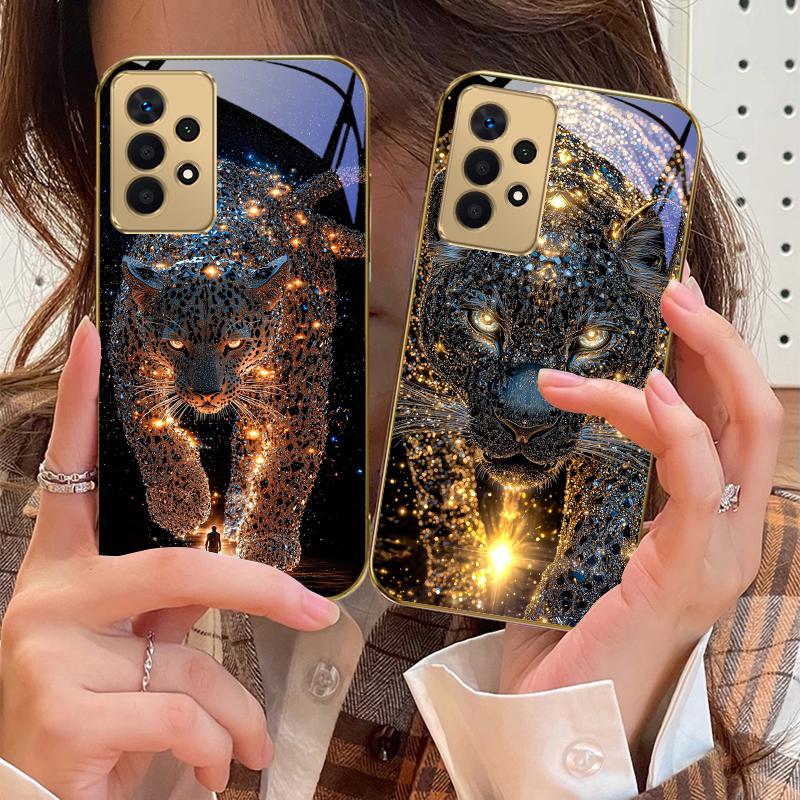 Stella Leopardo Gigante Per Samsung A73 A72 A71 A42 A56 A55 A54 A53 A52s A52 A51 A36 A35 A34 A33 A32 16 14 Custodia per telefono in vetro dorato