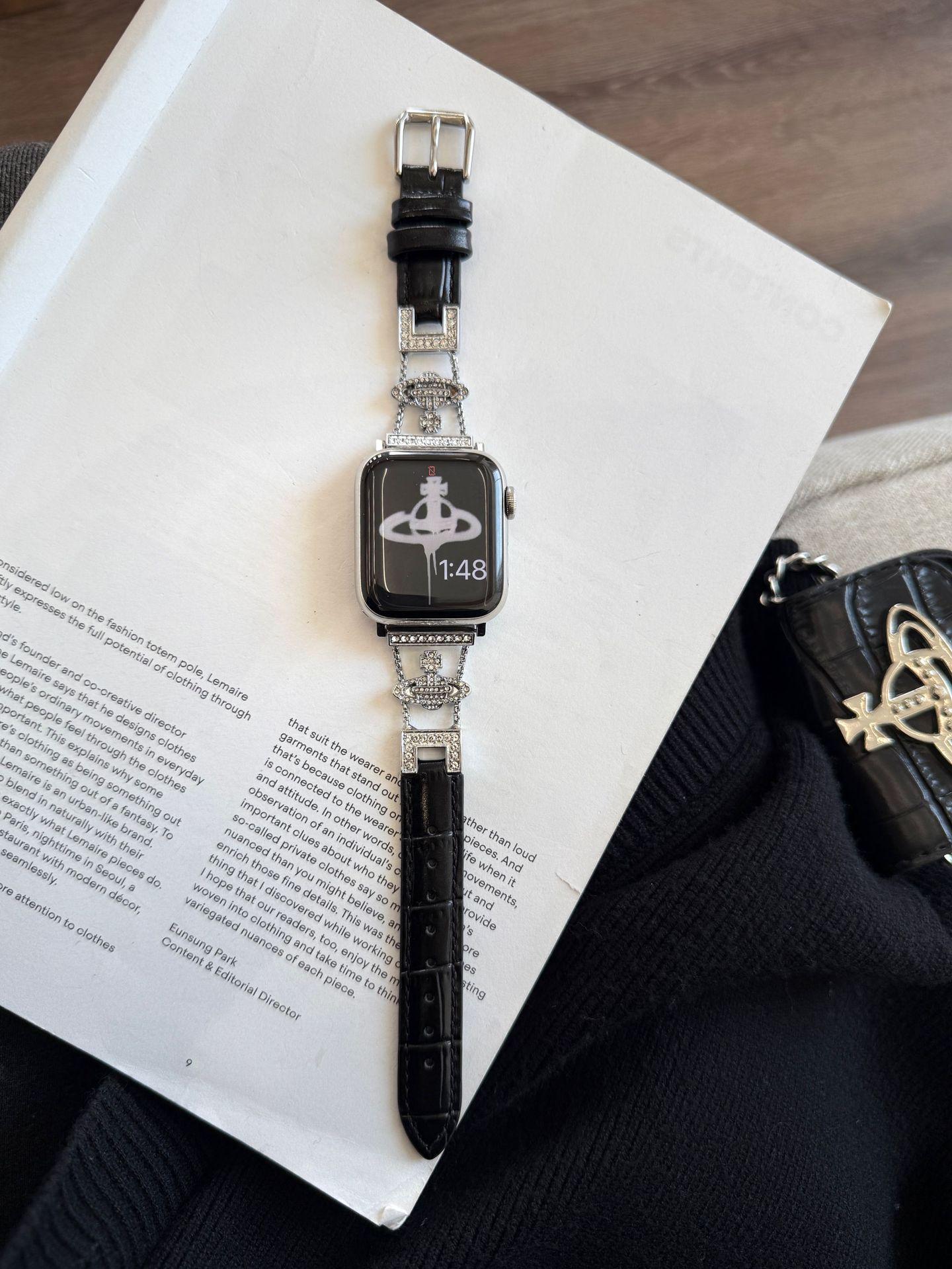 

Императрица Довагер Сатурн Бриллиант Ремешок из бамбуковой кожи для Apple Watch 11/Ultra/SE 38/40/41 чёрный/серебряный