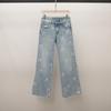 Womens High-Waisted A-Line Denim Pants With Bow Detail Pink Casual Chic Trousers Style