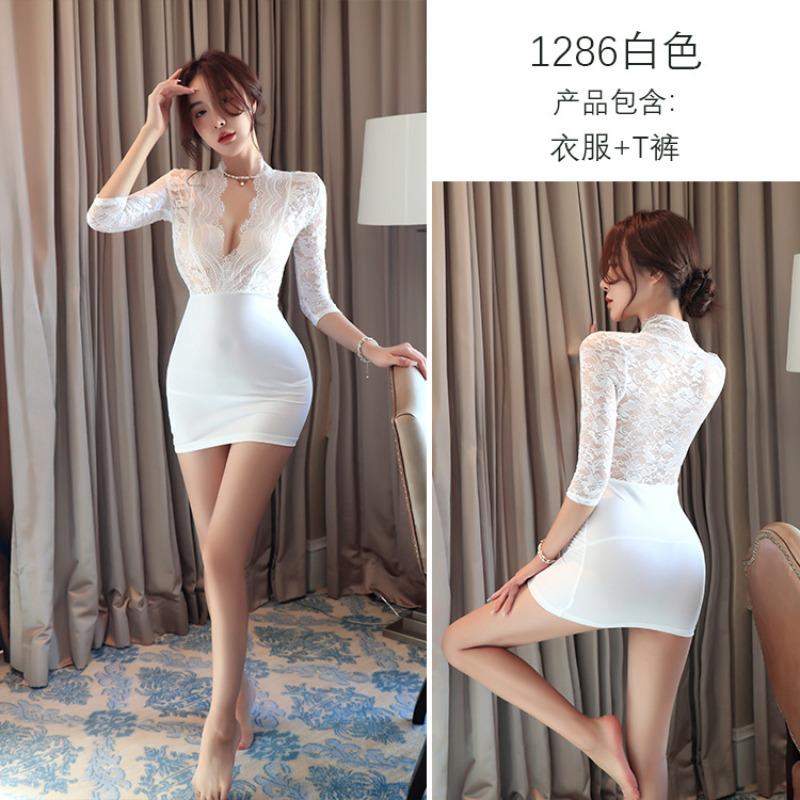 Long Night Sexy Lingerie Women, Sexy Lace Seduction See-through ** Hip Skirt Pajamas Secretary Outfit