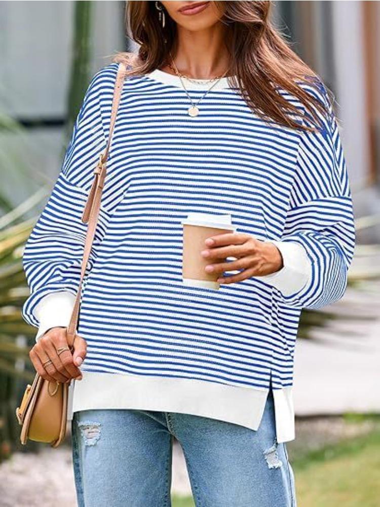 Multi-color Striped Round Neck Casual Sweatshirt