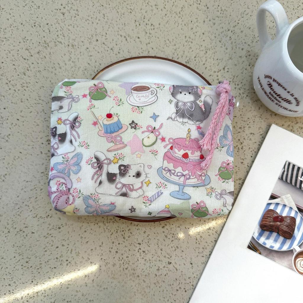 Adorable Blue Cartoon Makeup Bag: Mini Pure Cotton Coin and Earphone Pouch, Lipstick Carrier, Portable Storage.