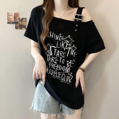 Tricou de damă mărime mare cu un umăr, cu litere - Top casual de vară, subțiază silueta