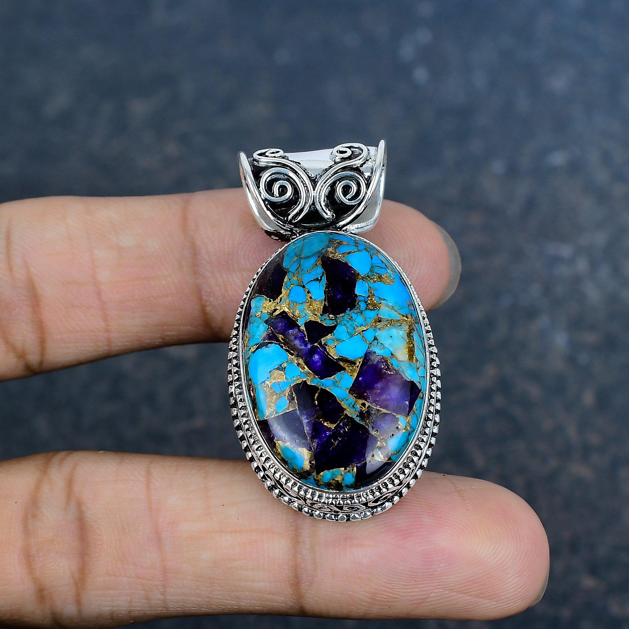 

Медный Аметист Бирюза Кулон из драгоценных камней ручной работы, Кулон из стерлингового серебра 925 пробы, Антикварные украшения, Для Дня памяти 1.77 Inches
