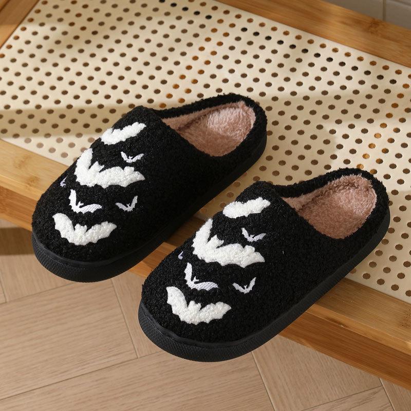 Fashion Halloween Cartoon Bat Cotton Slippers Women Black White Short Plush Warm Slides Woman Winter Indoor Light Cotton Slippers Mujer