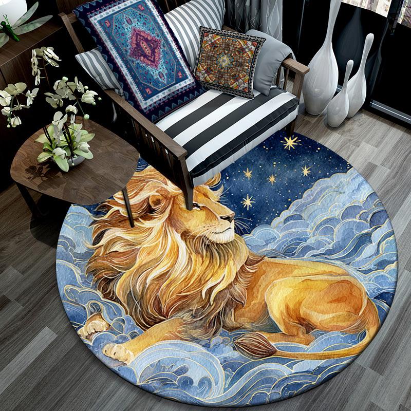 Lion Waves Stars Round Area Rug,Carpet Rug for Living Room Bedroom Sofa Playroom Decor,Non-slip Floor Mat