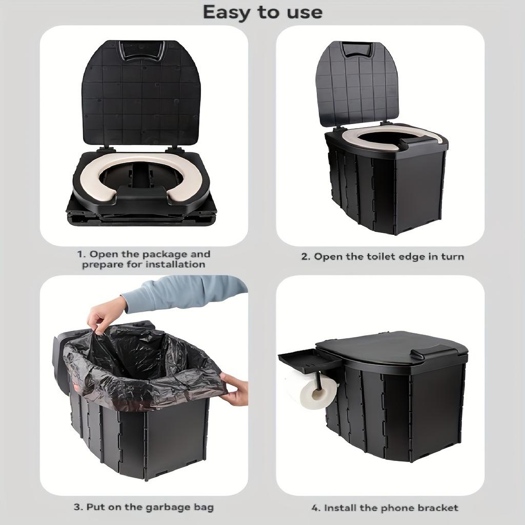 Portable Folding Toilet with PU Seat Cushion Includes Cellphone Holder Toilet Paper Holder Ideal for Camping Hiking and Outdoor